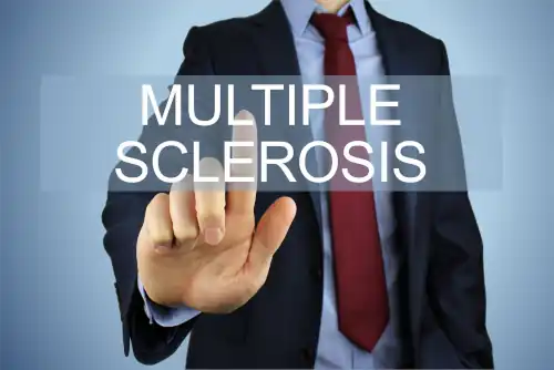 man points at words MULTIPLE SCLEROSIS