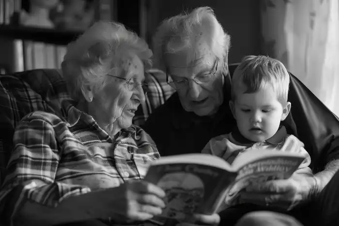 grandparents reading to toddler