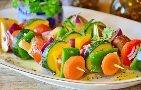skewers of veggies on a platter
