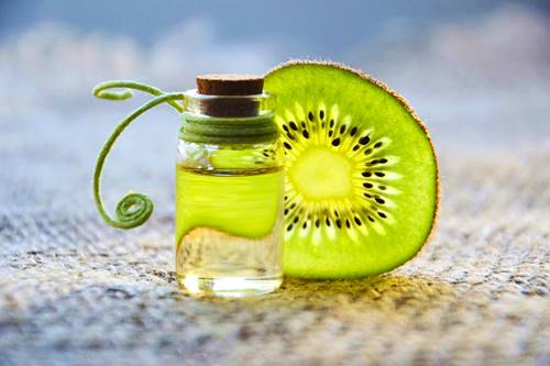 kiwi slice and a vial with natural cosmetic product