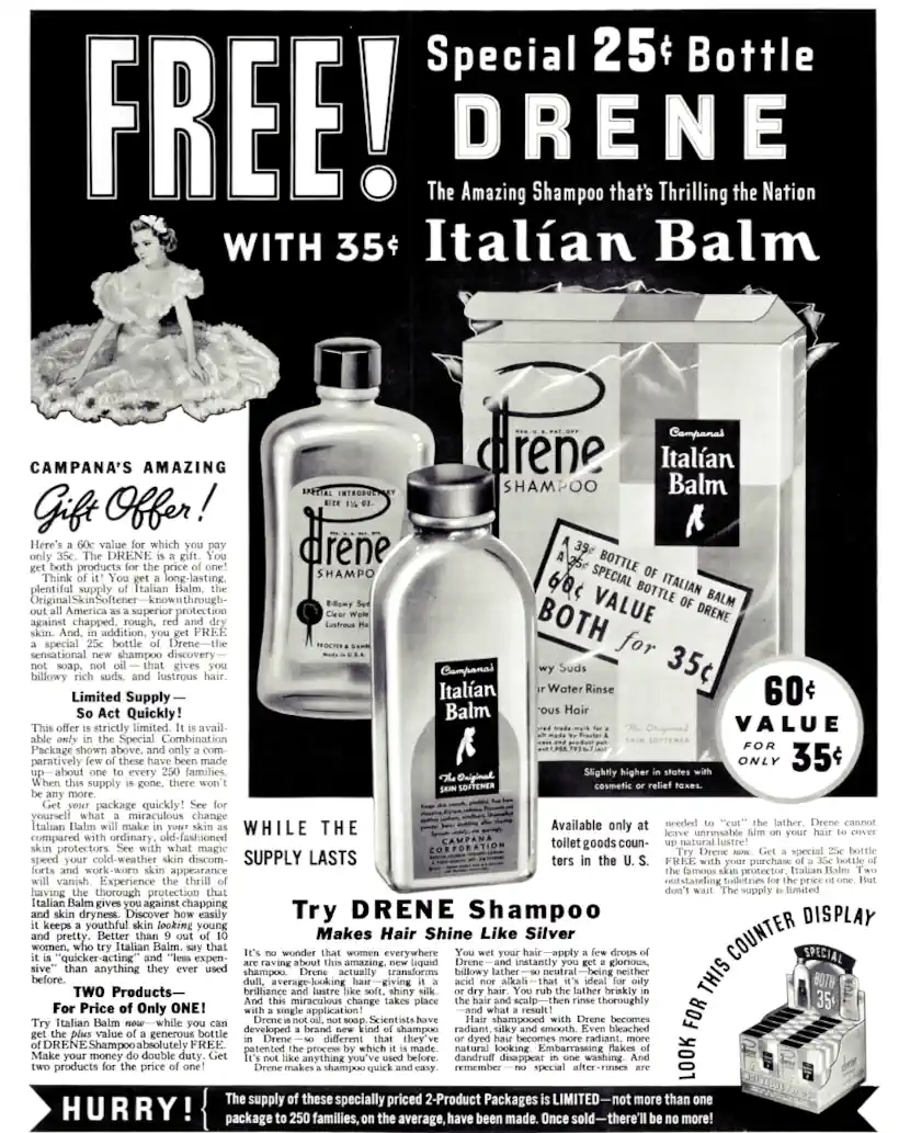 1930s black and white magazine advertisement of Drene shampoo