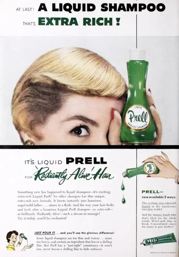 1955 magazine advertisement of Prell shampoo